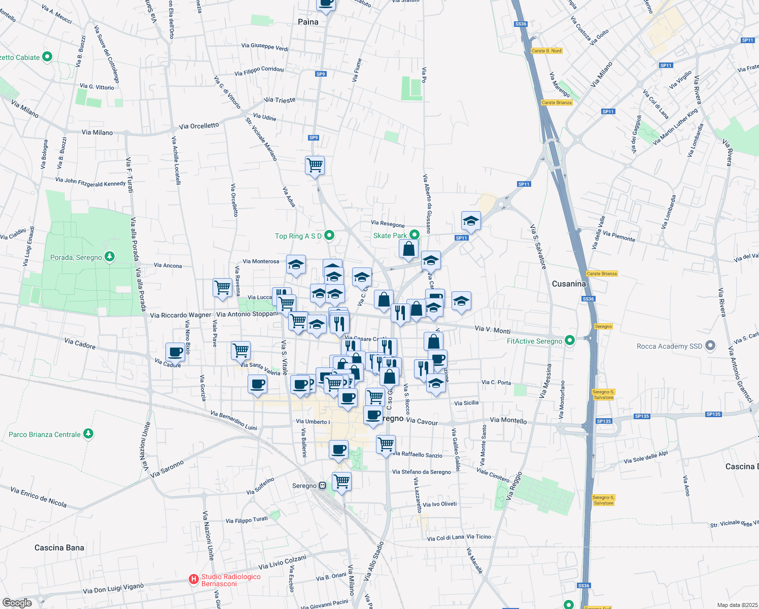 map of restaurants, bars, coffee shops, grocery stores, and more near 12 Via Don Longoni in Seregno