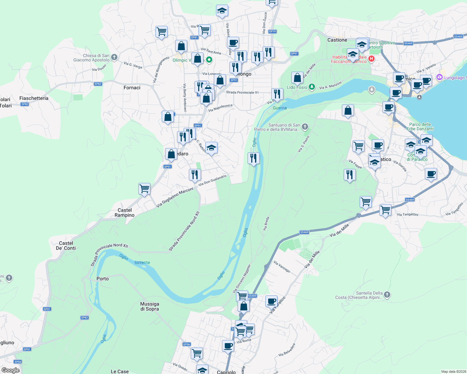 map of restaurants, bars, coffee shops, grocery stores, and more near 91 Via dei Dossi in Credaro
