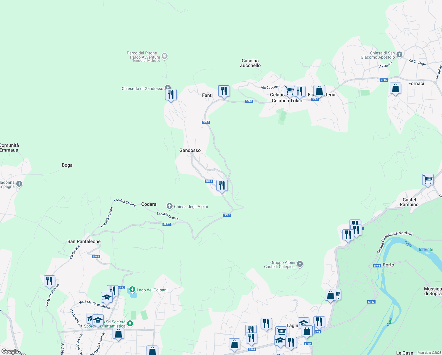 map of restaurants, bars, coffee shops, grocery stores, and more near 18 Via XXV Aprile in Gandosso