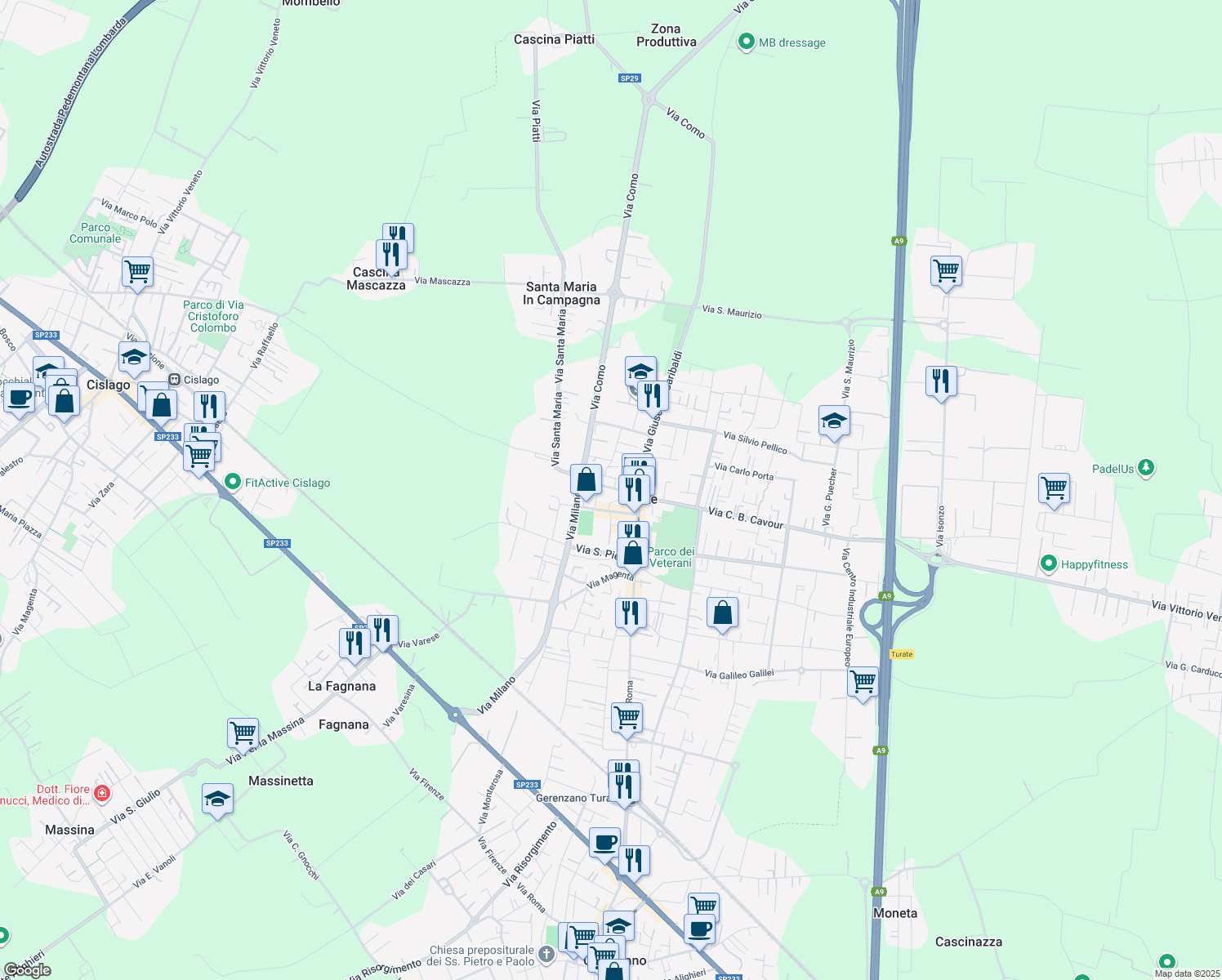 map of restaurants, bars, coffee shops, grocery stores, and more near 23 Via Ugo Foscolo in Turate