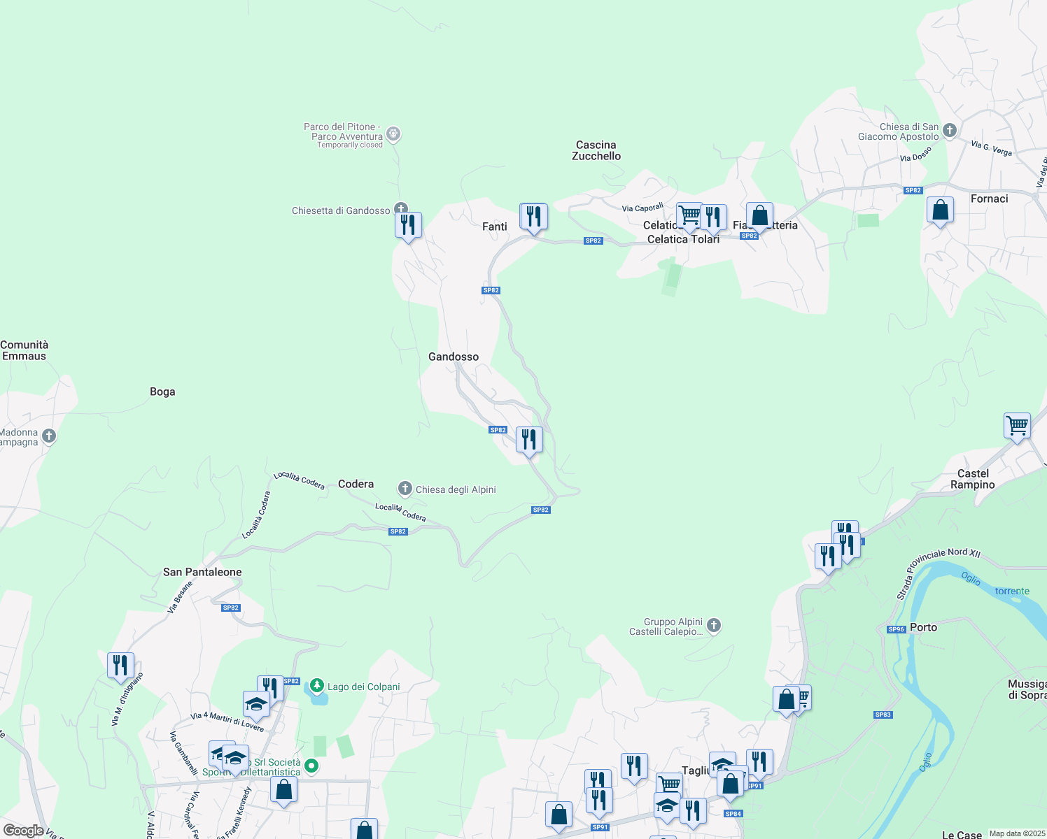 map of restaurants, bars, coffee shops, grocery stores, and more near 18 Via XXV Aprile in Gandosso