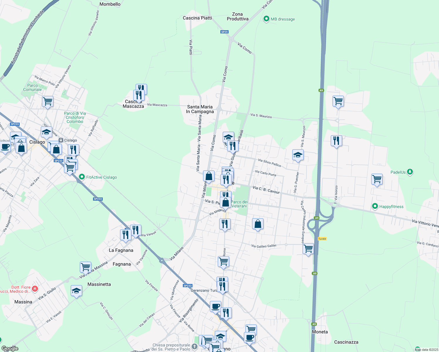 map of restaurants, bars, coffee shops, grocery stores, and more near 23 Via Ugo Foscolo in Turate