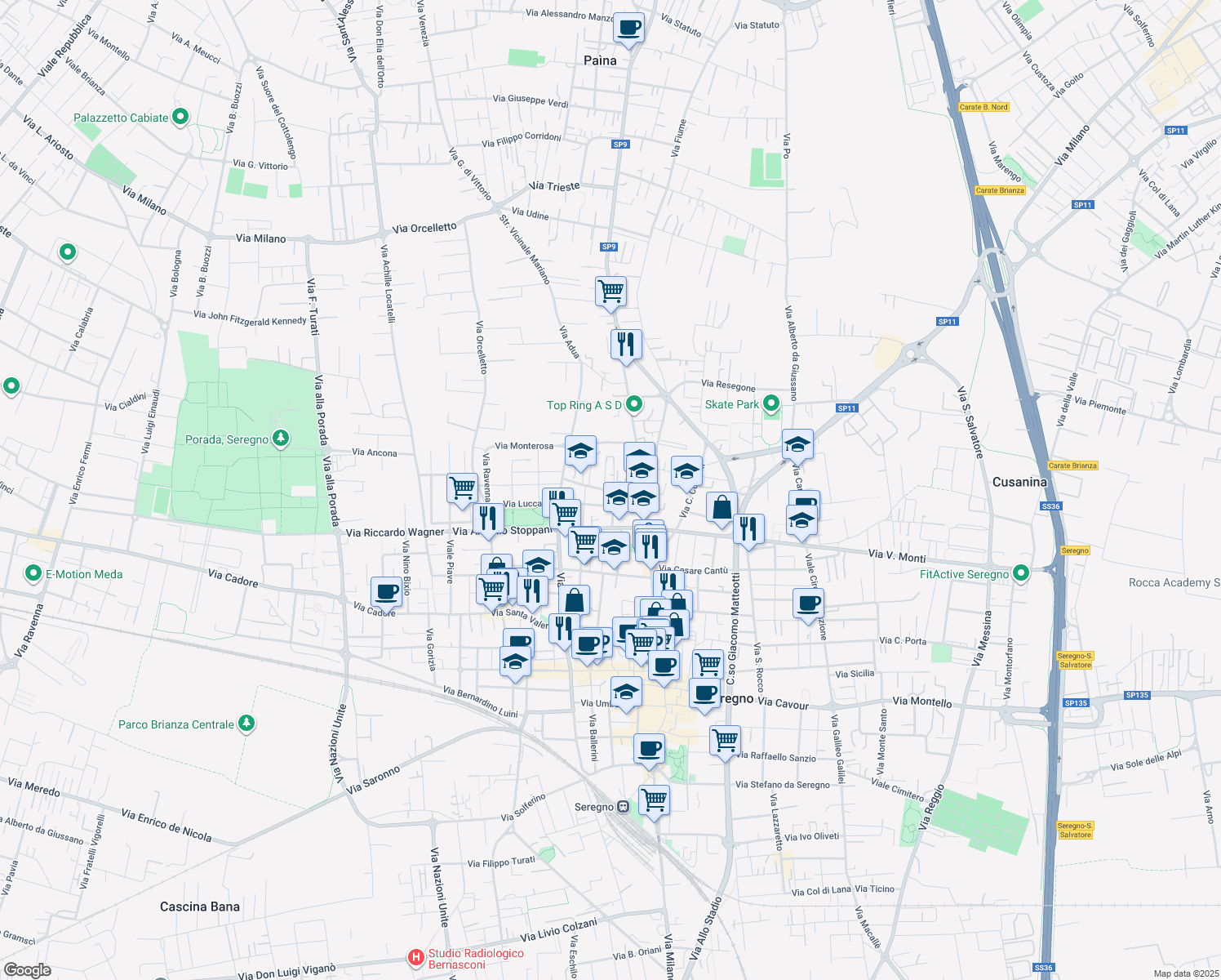 map of restaurants, bars, coffee shops, grocery stores, and more near Via Mercalli in Seregno