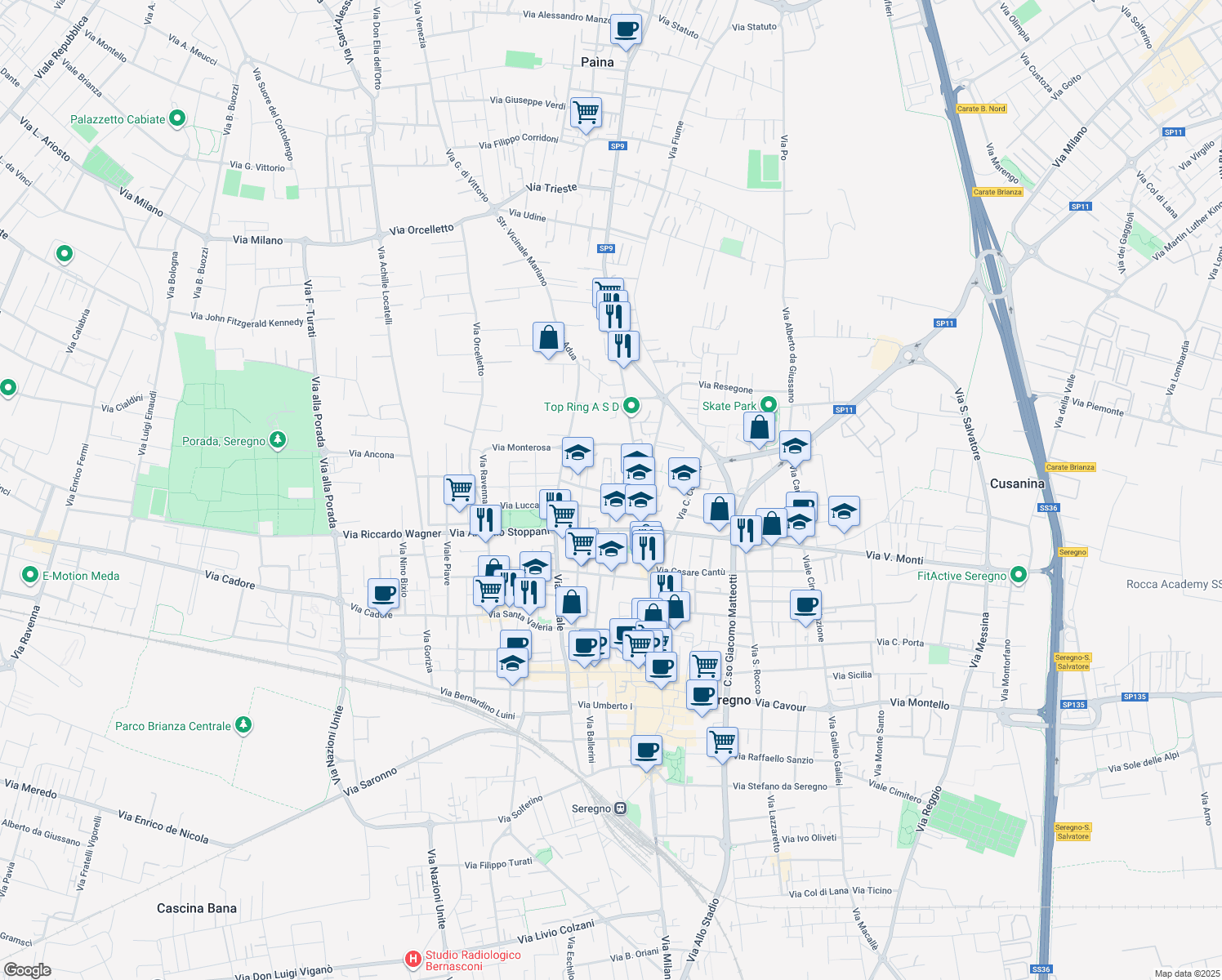 map of restaurants, bars, coffee shops, grocery stores, and more near Via Giuseppe Mercalli in Seregno
