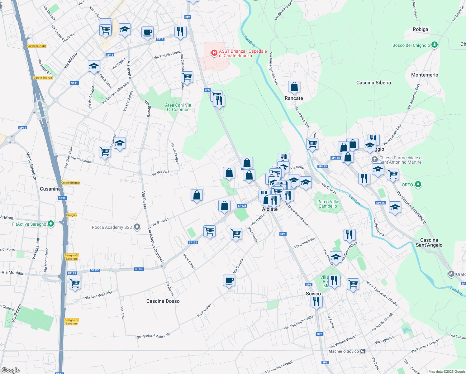 map of restaurants, bars, coffee shops, grocery stores, and more near 3 Via Papa Giovanni XXIII in Albiate