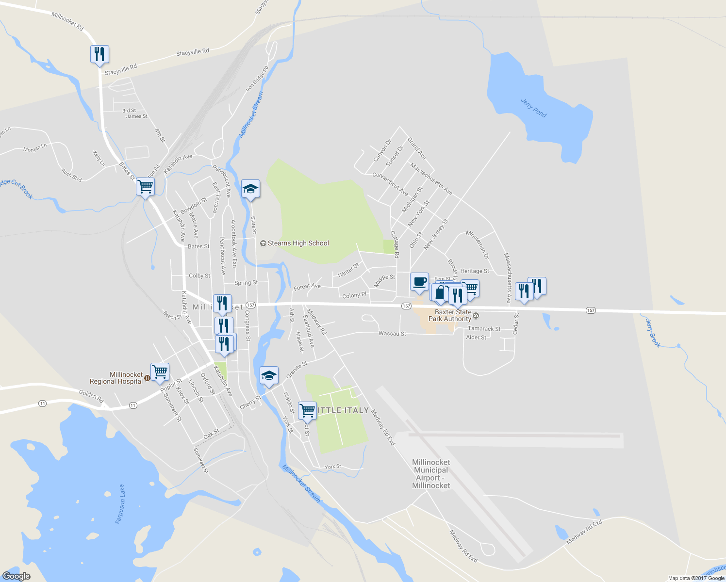 map of restaurants, bars, coffee shops, grocery stores, and more near 13 Colony Place in Millinocket