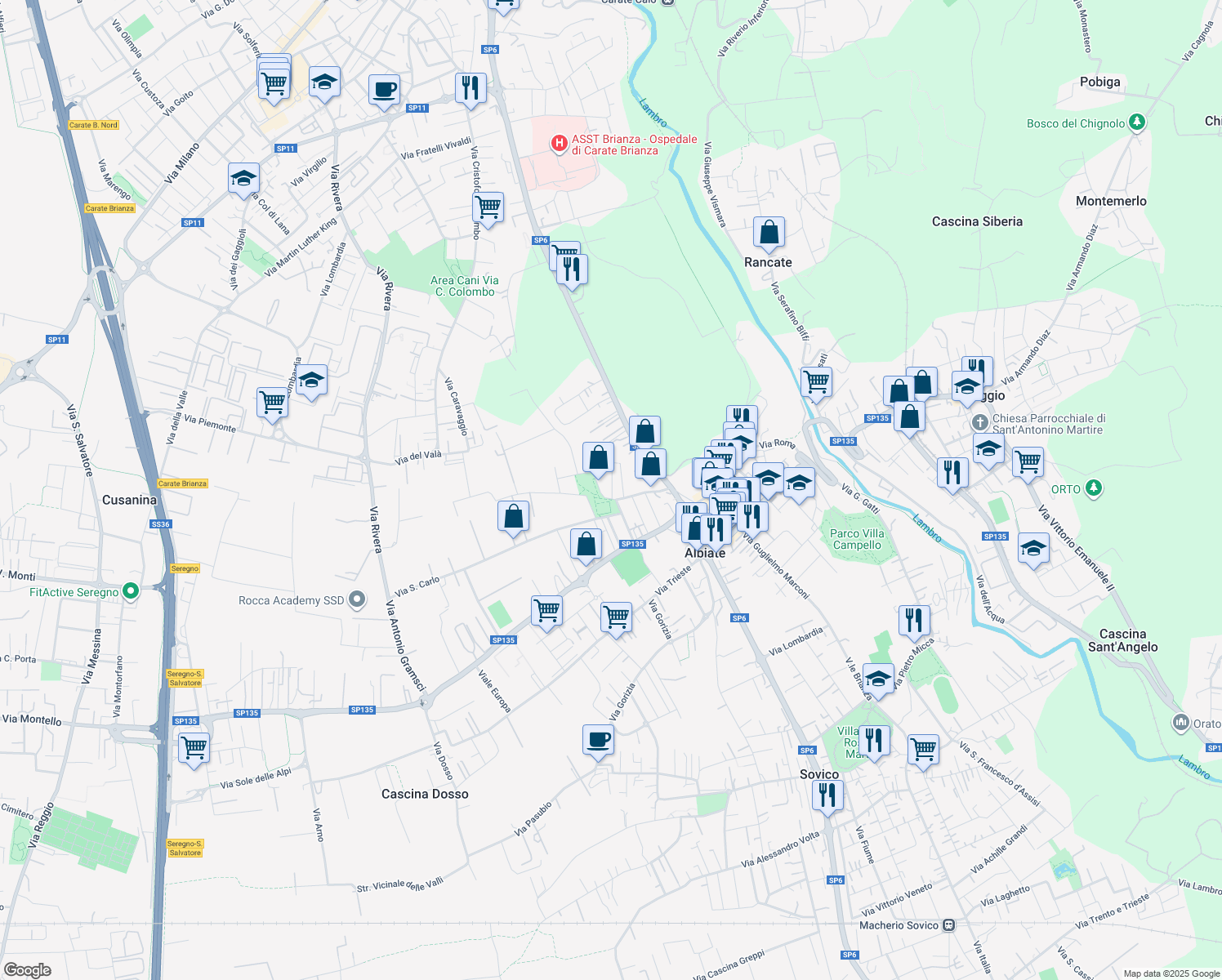 map of restaurants, bars, coffee shops, grocery stores, and more near 3 Via Papa Giovanni XXIII in Albiate