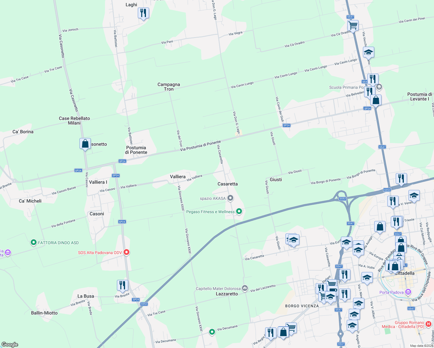 map of restaurants, bars, coffee shops, grocery stores, and more near 5a Via Valliera in Casaretta