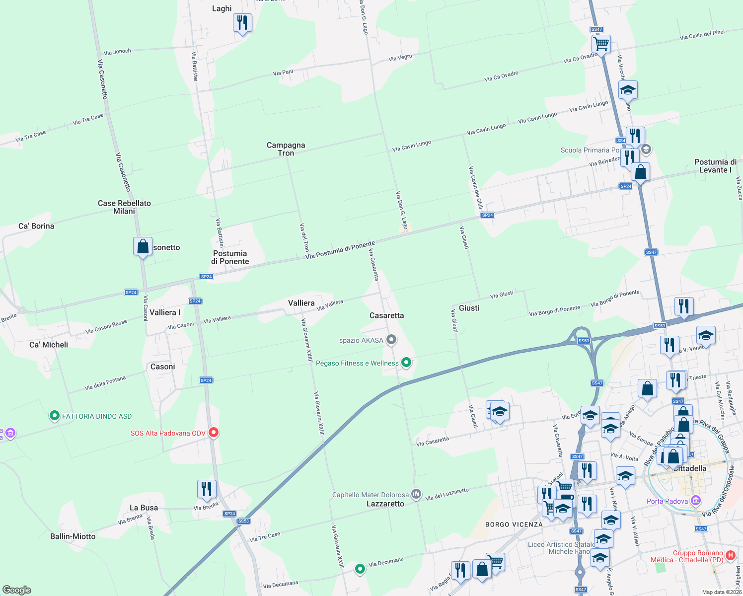 map of restaurants, bars, coffee shops, grocery stores, and more near 5a Via Valliera in Casaretta