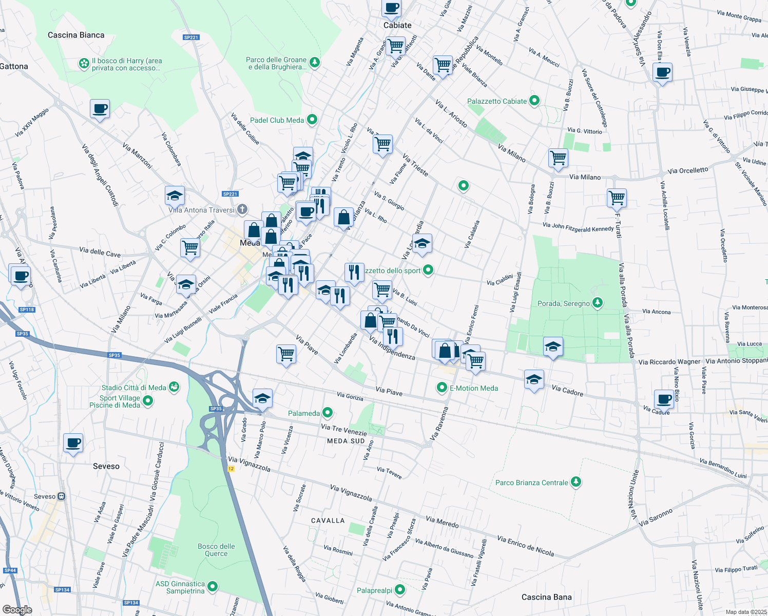 map of restaurants, bars, coffee shops, grocery stores, and more near 39 Via Lombardia in Meda
