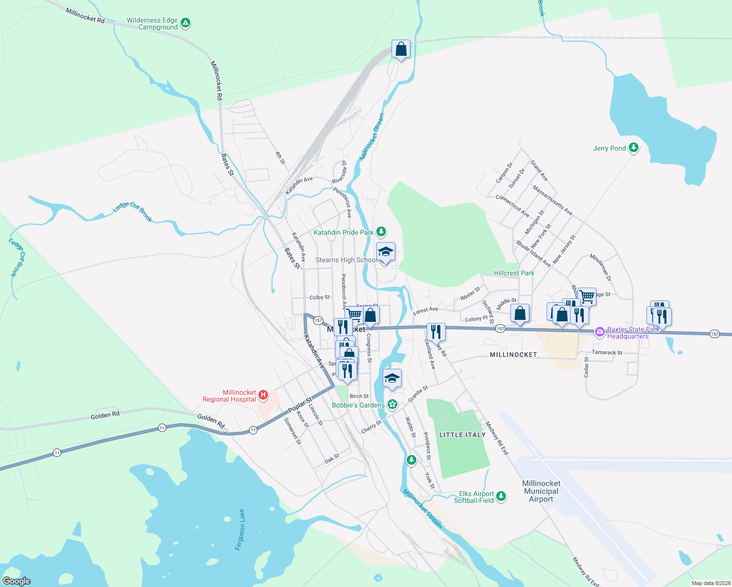 map of restaurants, bars, coffee shops, grocery stores, and more near 382 Congress Street in Millinocket