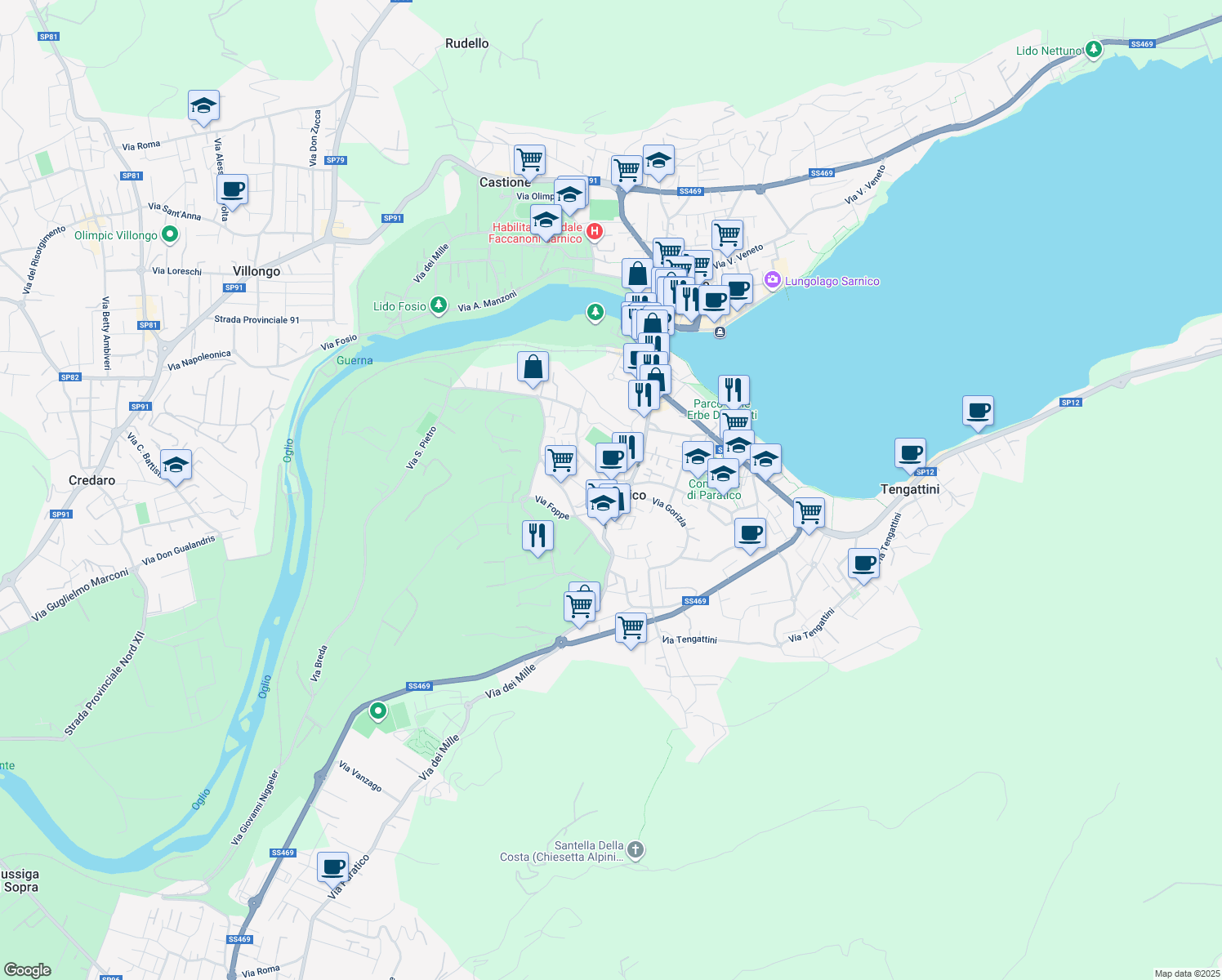 map of restaurants, bars, coffee shops, grocery stores, and more near 3 Via Don G. Moioli in Paratico