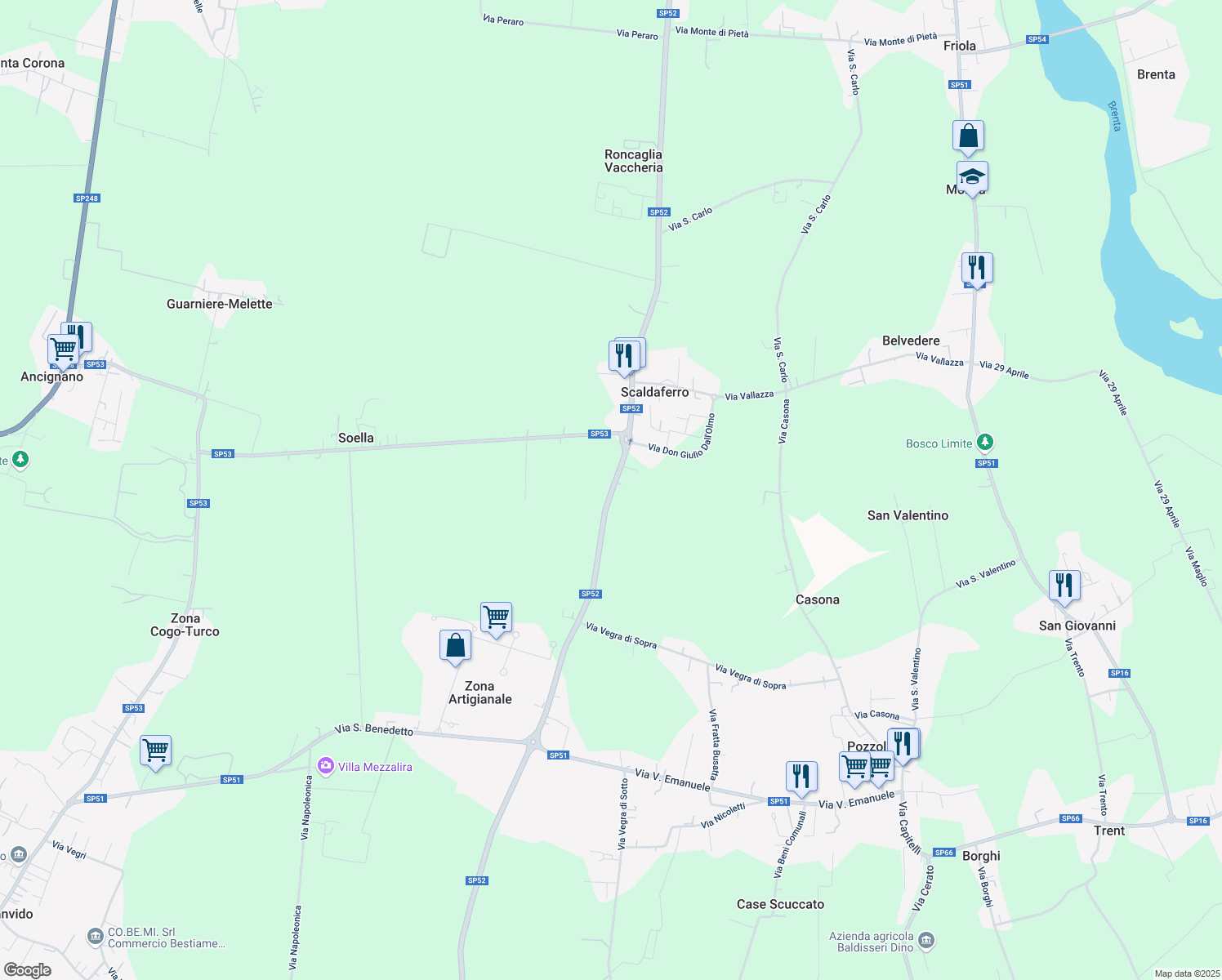 map of restaurants, bars, coffee shops, grocery stores, and more near 24 Via Bassanese in Scaldaferro