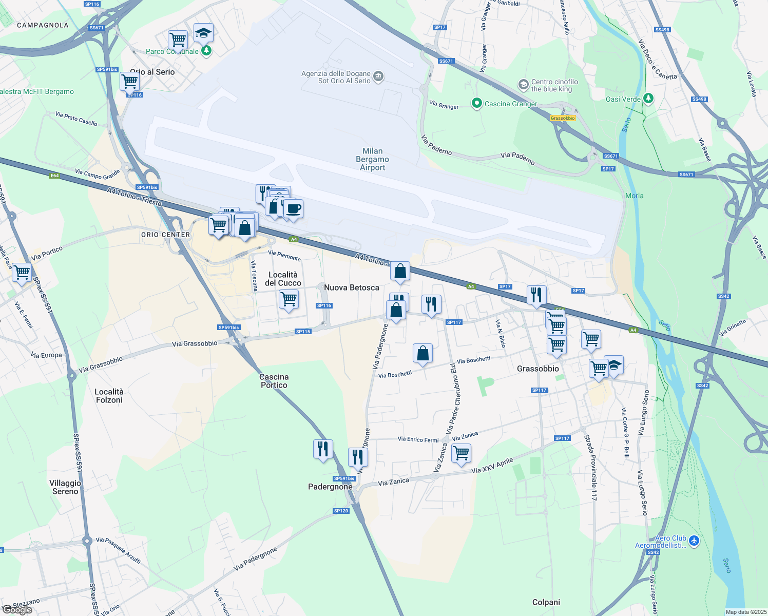 map of restaurants, bars, coffee shops, grocery stores, and more near 22 Via Enrico Fermi in Grassobbio