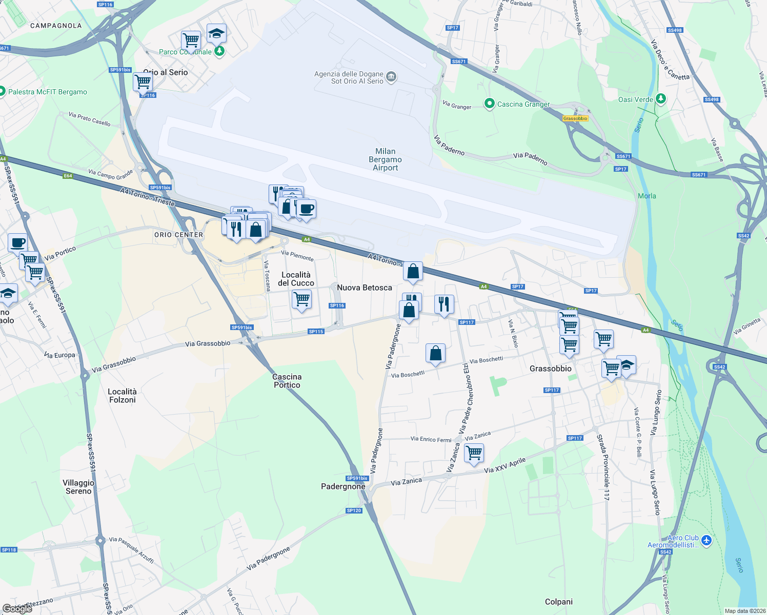 map of restaurants, bars, coffee shops, grocery stores, and more near 6 Via Paleocapa in Bergamo