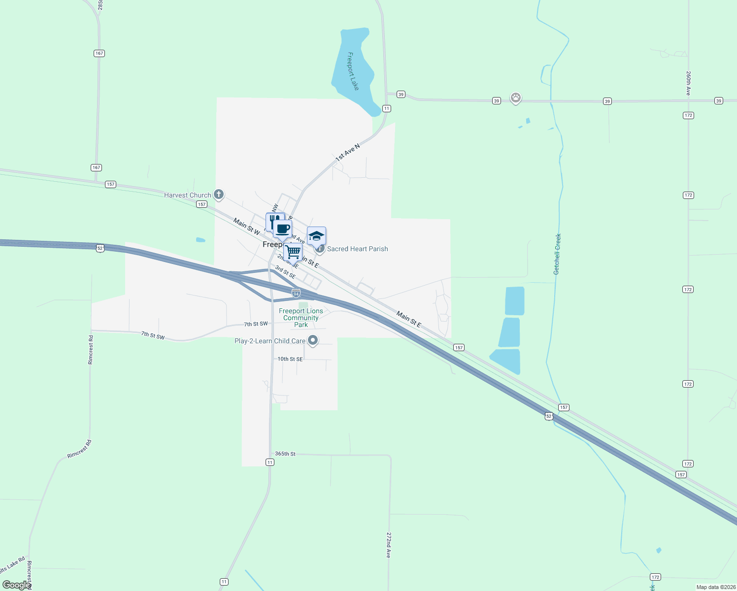 map of restaurants, bars, coffee shops, grocery stores, and more near 511 Main Street East in Freeport