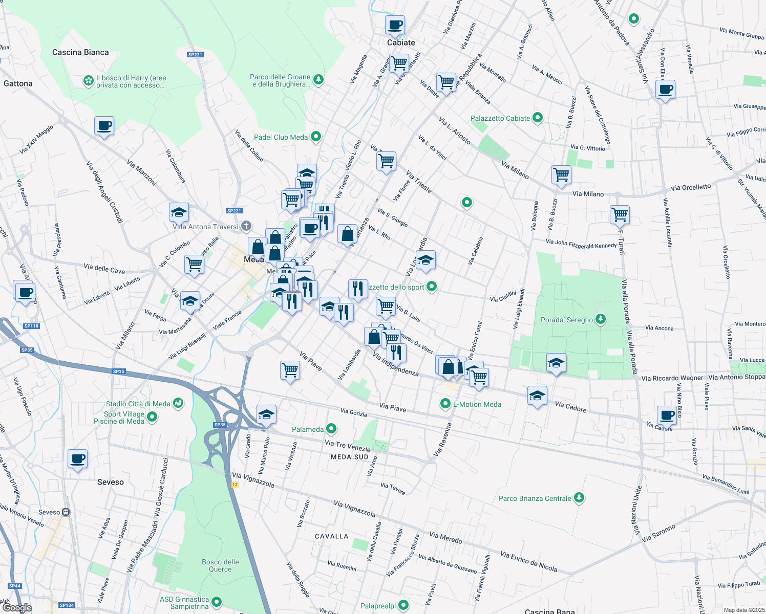 map of restaurants, bars, coffee shops, grocery stores, and more near 39 Via Lombardia in Meda