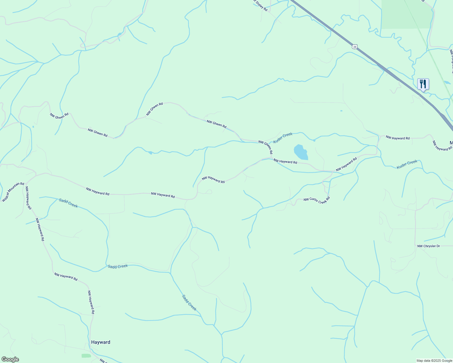 map of restaurants, bars, coffee shops, grocery stores, and more near Northwest Hayward Road in Manning