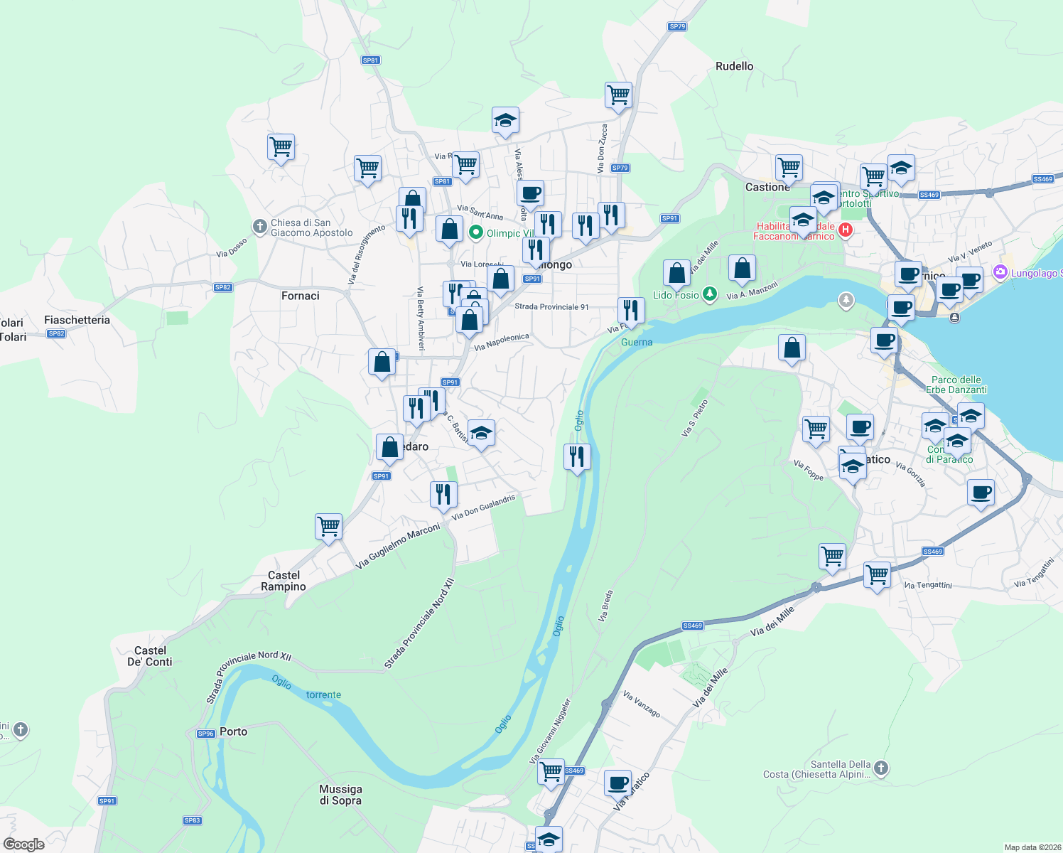map of restaurants, bars, coffee shops, grocery stores, and more near 15 Via Castel Montecchio in Credaro
