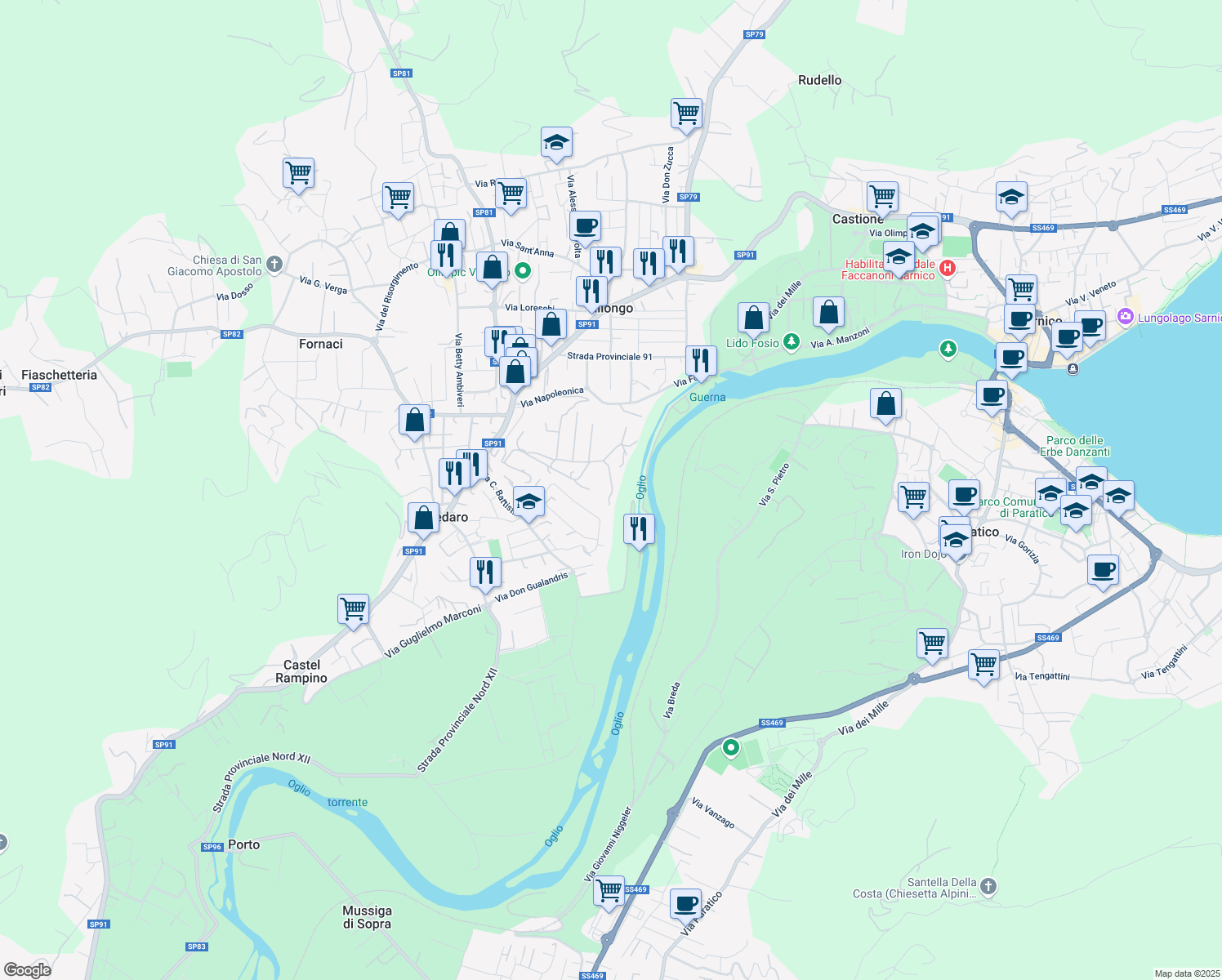 map of restaurants, bars, coffee shops, grocery stores, and more near 14 Via Castel Montecchio in Credaro