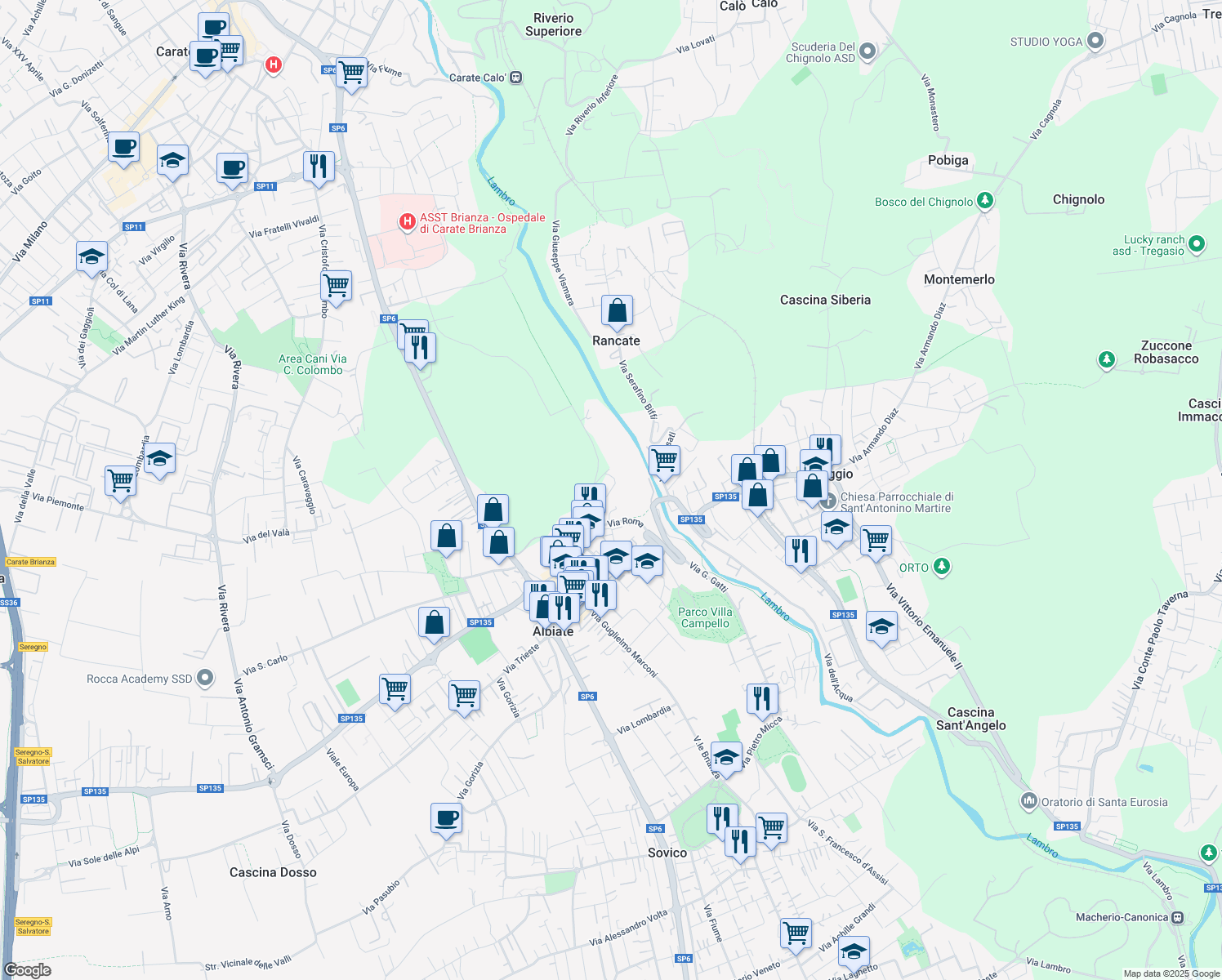 map of restaurants, bars, coffee shops, grocery stores, and more near 7 Via Malpensata in Albiate