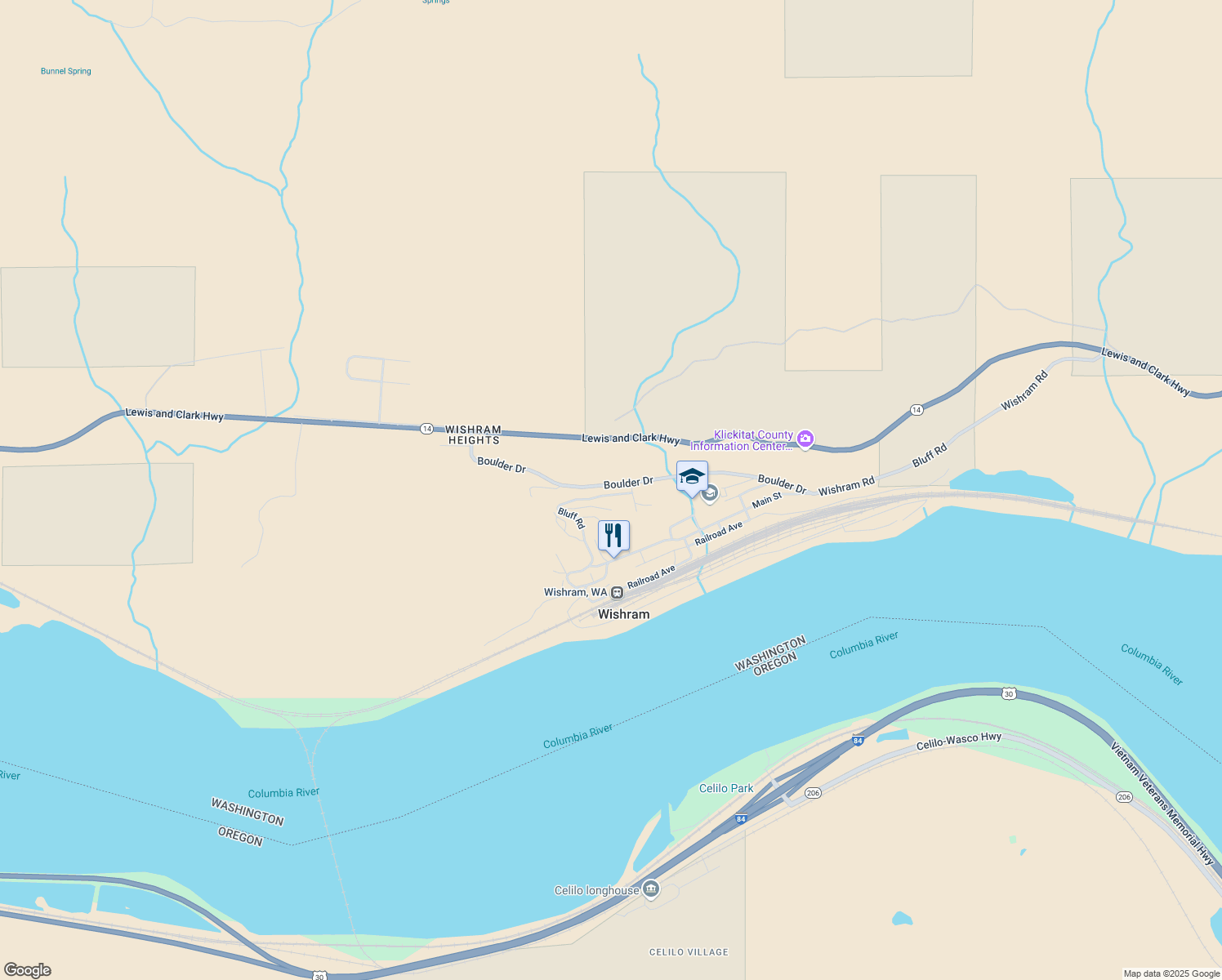 map of restaurants, bars, coffee shops, grocery stores, and more near 331 Bluff Road in Wishram