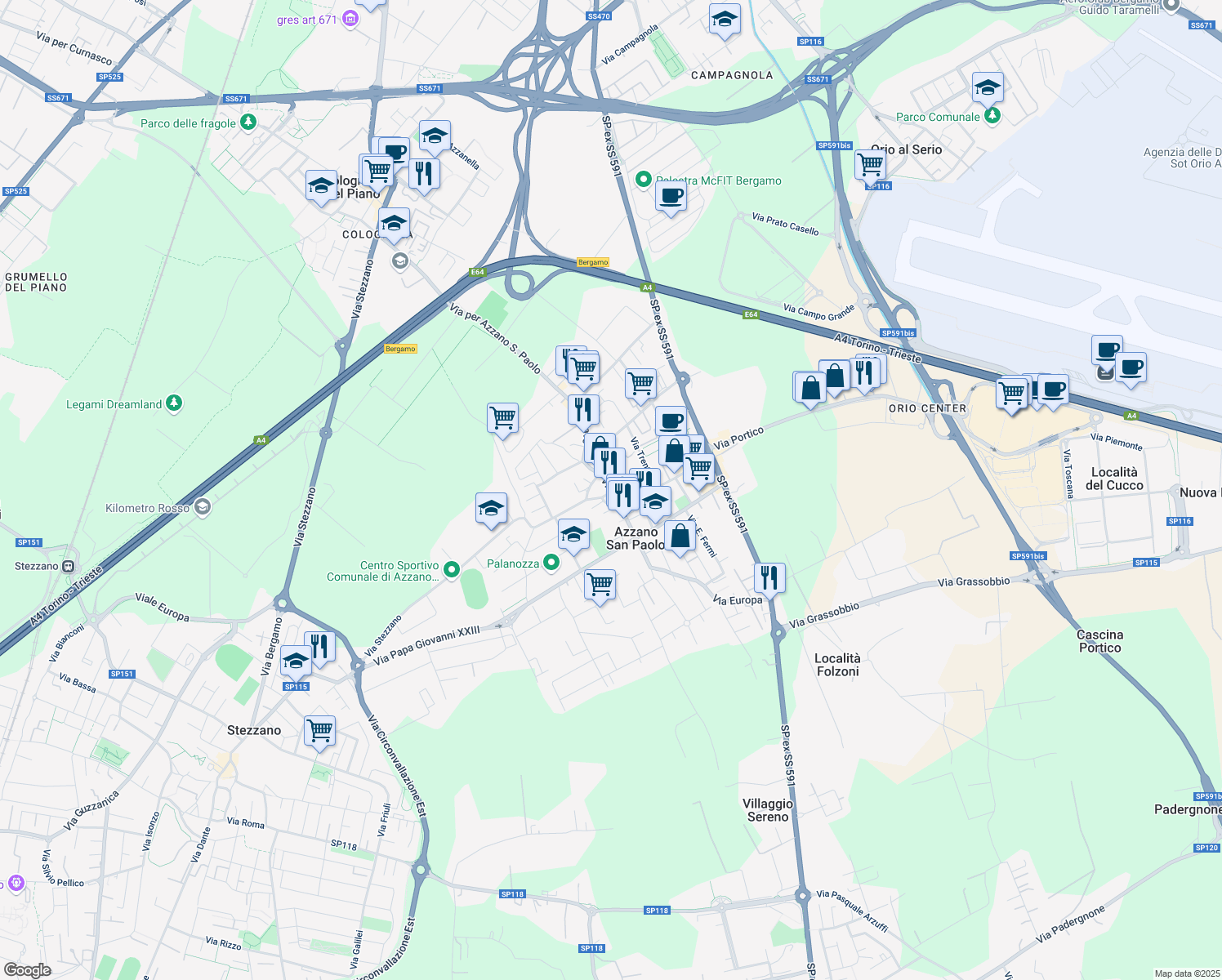 map of restaurants, bars, coffee shops, grocery stores, and more near 21 Via Roma in Azzano San Paolo