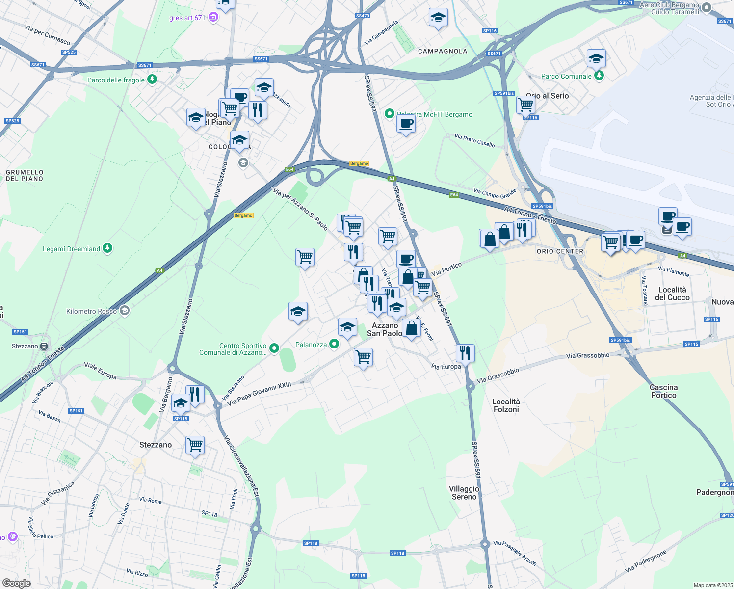 map of restaurants, bars, coffee shops, grocery stores, and more near 21 Via Roma in Azzano San Paolo