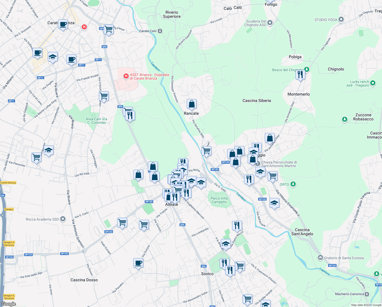 map of restaurants, bars, coffee shops, grocery stores, and more near 7 Via Malpensata in Albiate