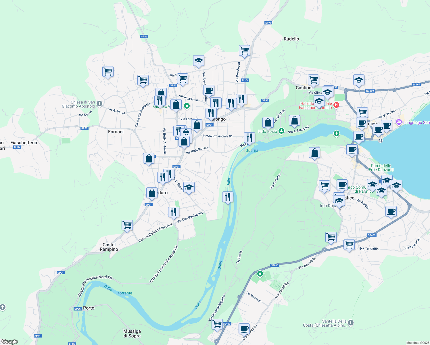 map of restaurants, bars, coffee shops, grocery stores, and more near 14 Via Castel Montecchio in Credaro
