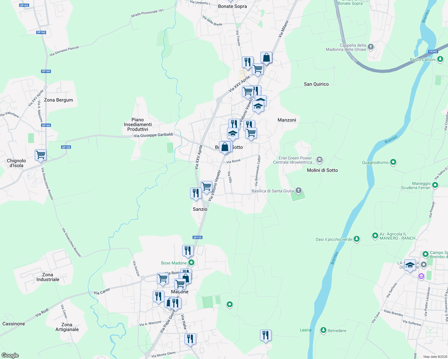 map of restaurants, bars, coffee shops, grocery stores, and more near 10 Via Villa in Bonate Sotto