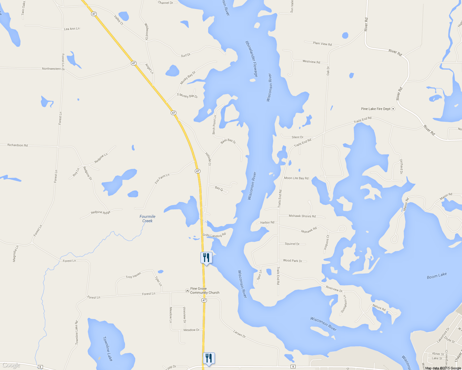 map of restaurants, bars, coffee shops, grocery stores, and more near 4074 Lambele Lane in Rhinelander