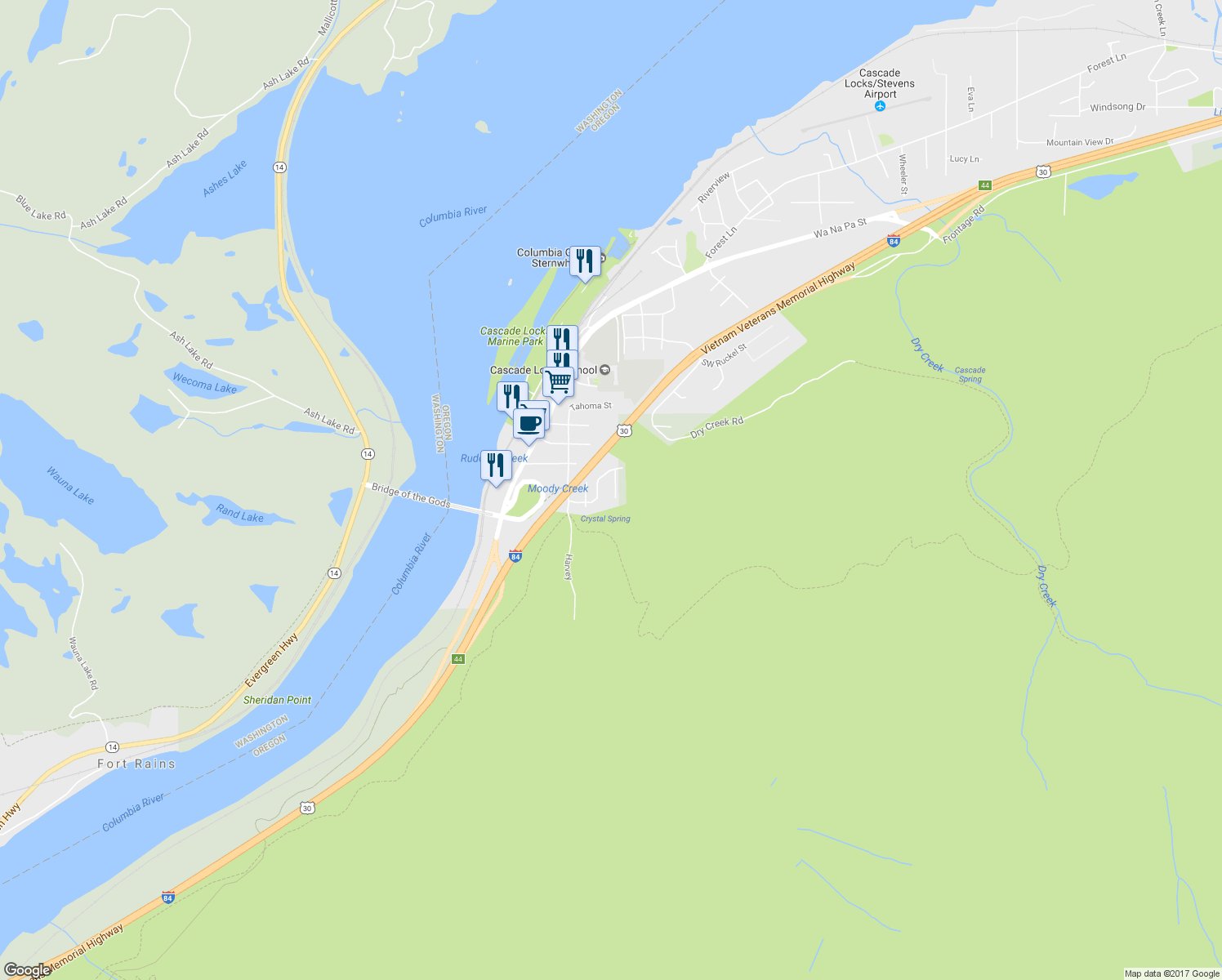 map of restaurants, bars, coffee shops, grocery stores, and more near 951 Spelling Pl in Cascade Locks