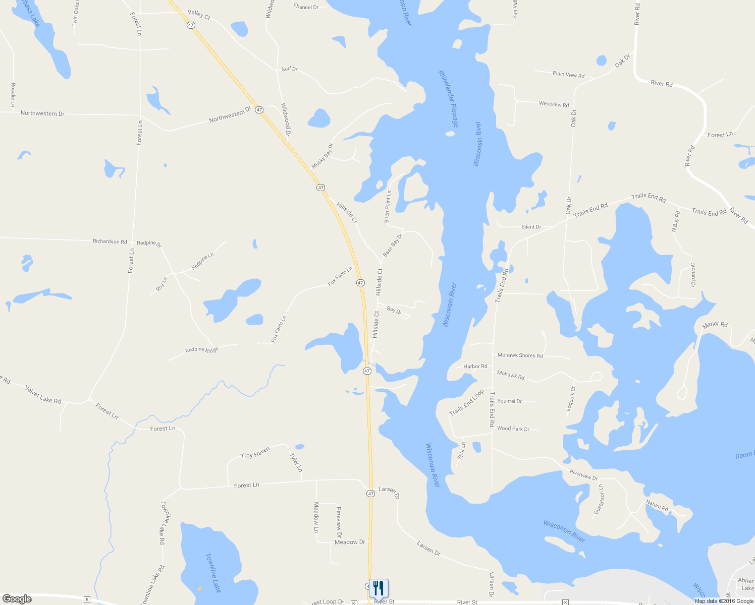 map of restaurants, bars, coffee shops, grocery stores, and more near 4068 Hillside Court in Rhinelander