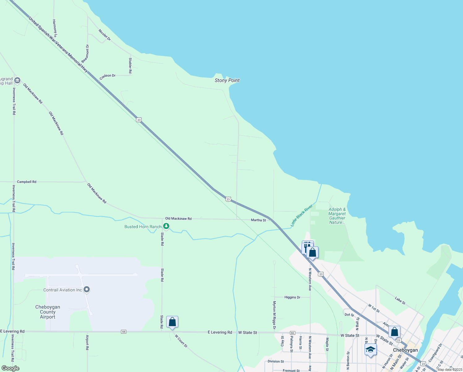 map of restaurants, bars, coffee shops, grocery stores, and more near 14027 Stony Pointe Rd in Cheboygan