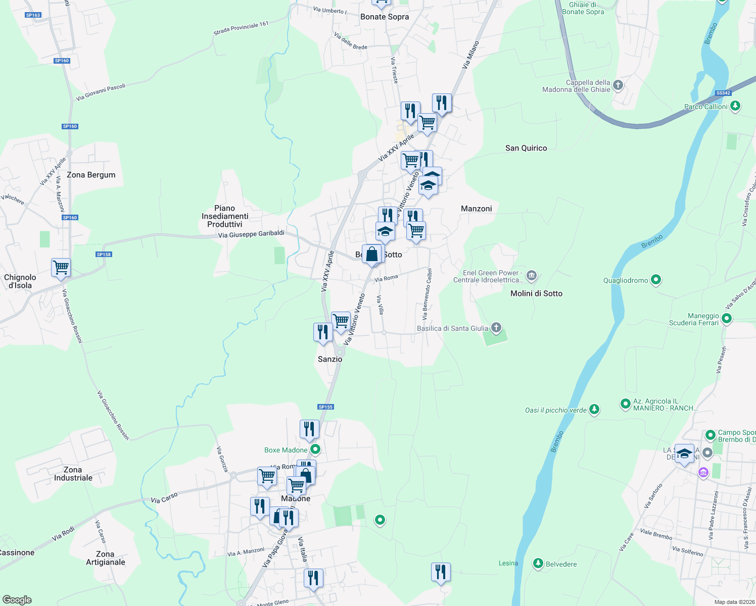map of restaurants, bars, coffee shops, grocery stores, and more near 10 Via Villa in Bonate Sotto