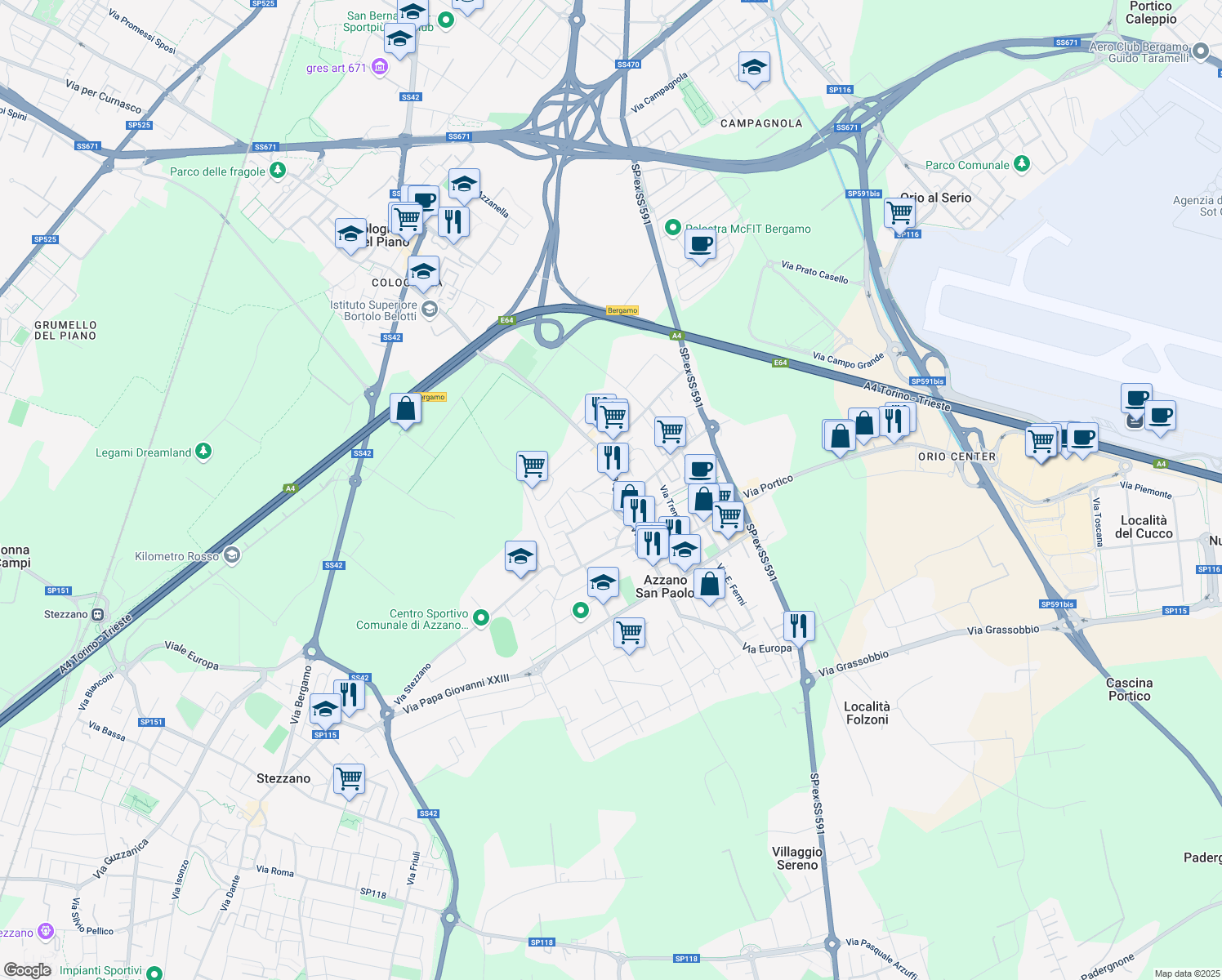 map of restaurants, bars, coffee shops, grocery stores, and more near 31 Via Piave in Azzano San Paolo