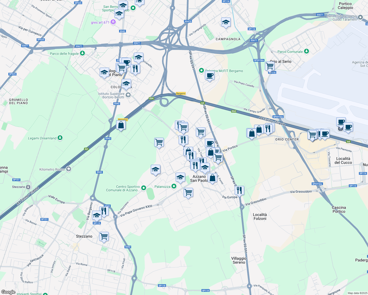 map of restaurants, bars, coffee shops, grocery stores, and more near 31 Via Piave in Azzano San Paolo
