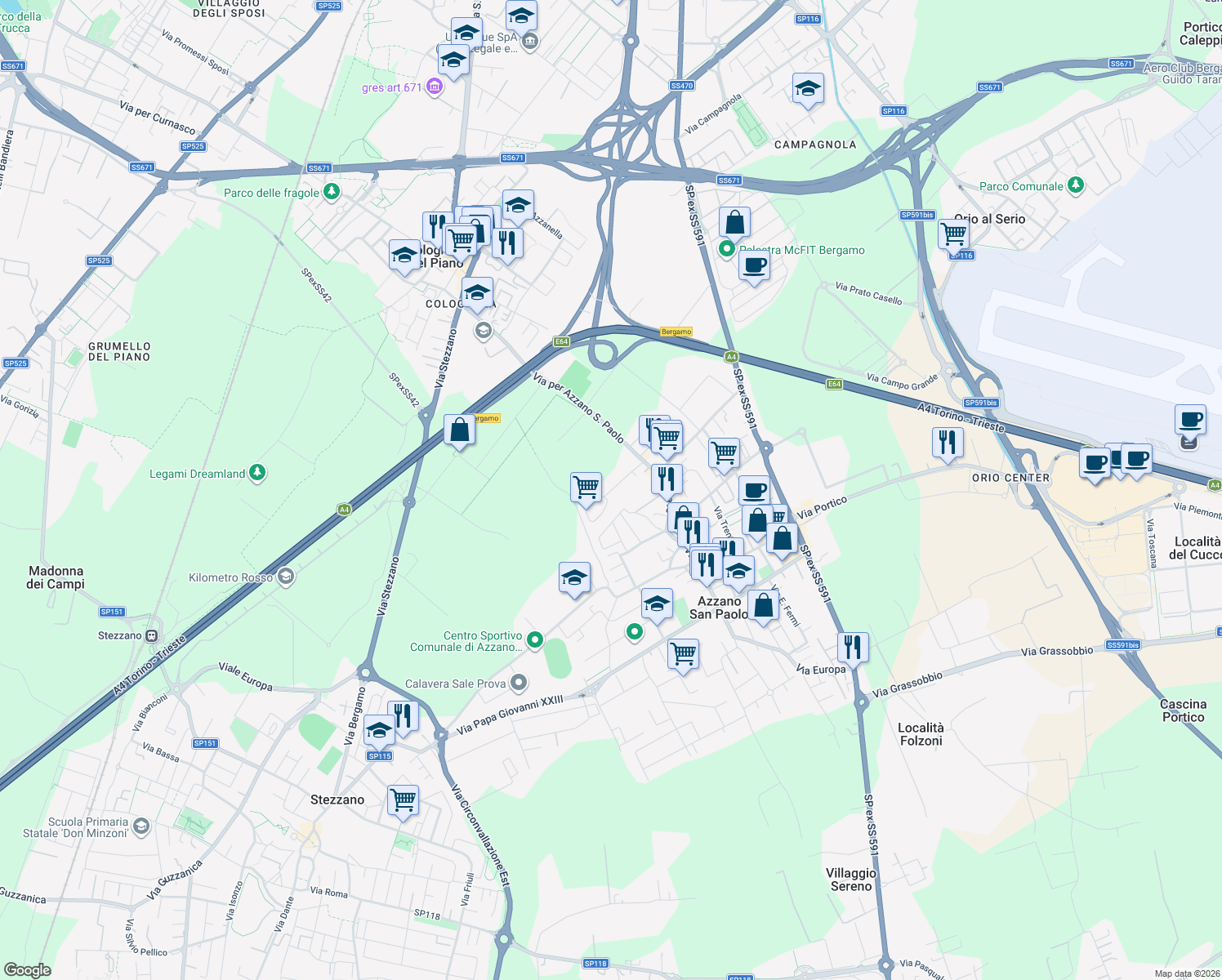 map of restaurants, bars, coffee shops, grocery stores, and more near 10 Via Gaetano Donizetti in Azzano San Paolo