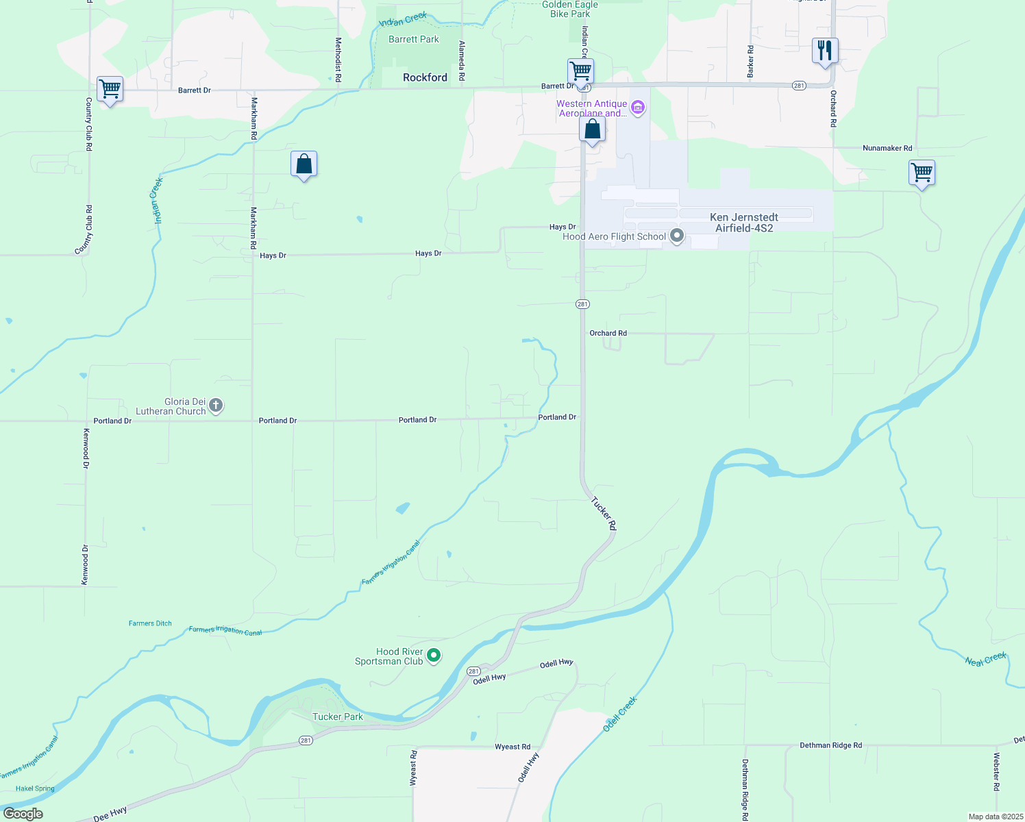 map of restaurants, bars, coffee shops, grocery stores, and more near 3848 Portland Drive in Hood River
