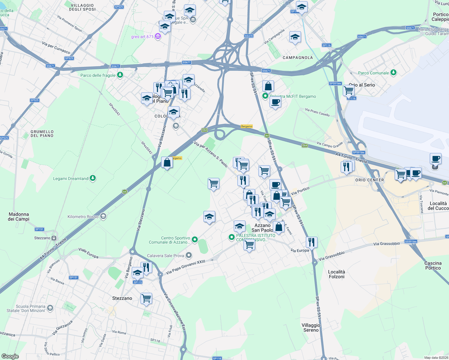 map of restaurants, bars, coffee shops, grocery stores, and more near 10 Via Gaetano Donizetti in Azzano San Paolo
