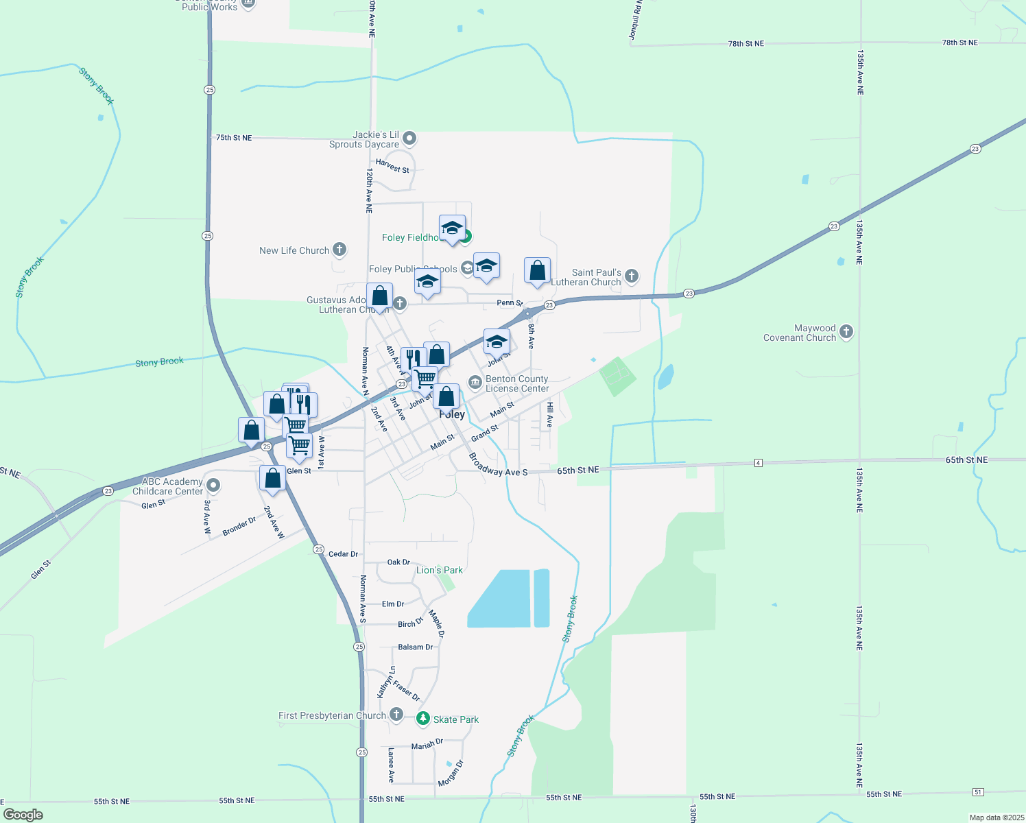 map of restaurants, bars, coffee shops, grocery stores, and more near 619 Grand Street in Foley
