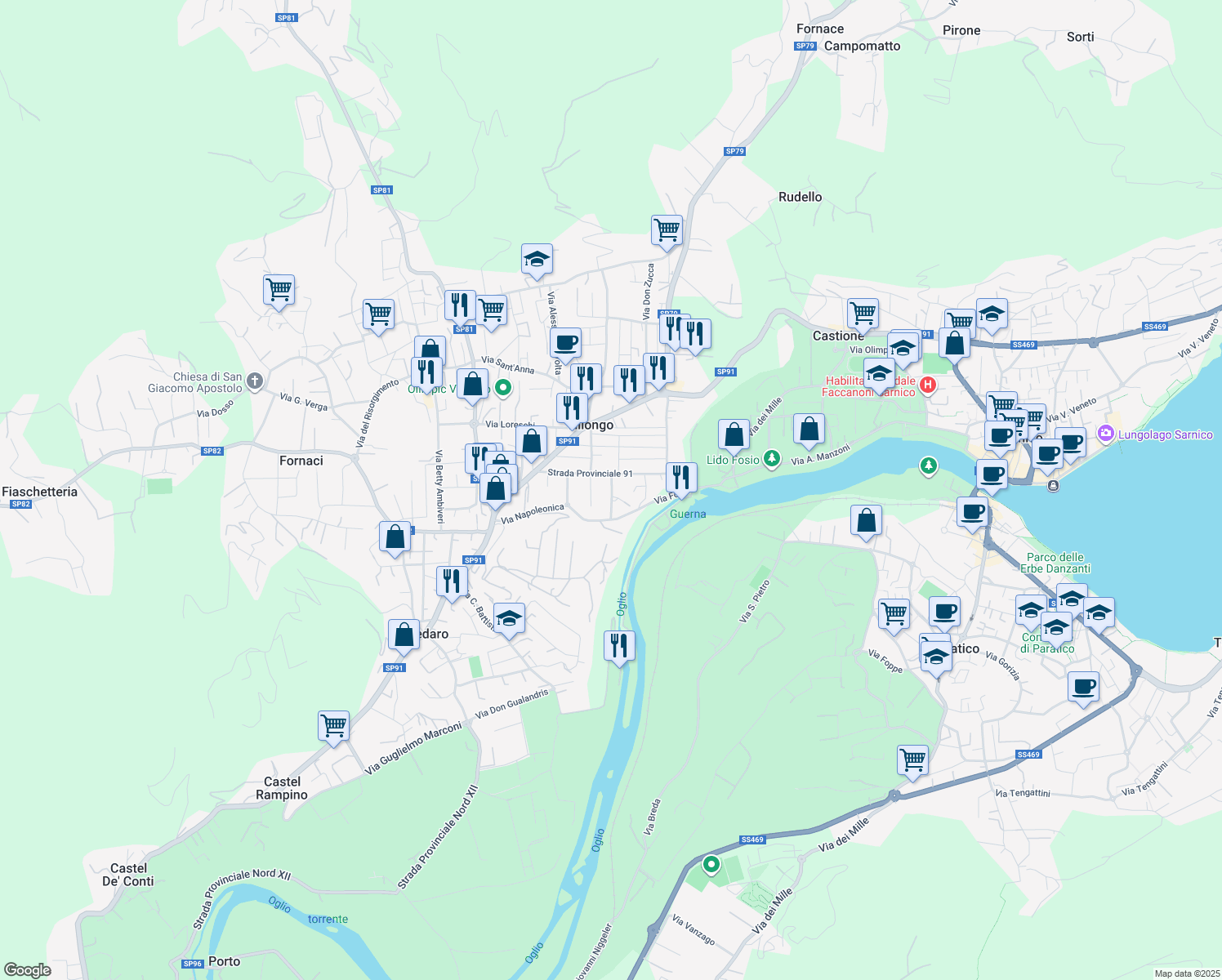 map of restaurants, bars, coffee shops, grocery stores, and more near 10 Strada Provinciale 91 in Villongo