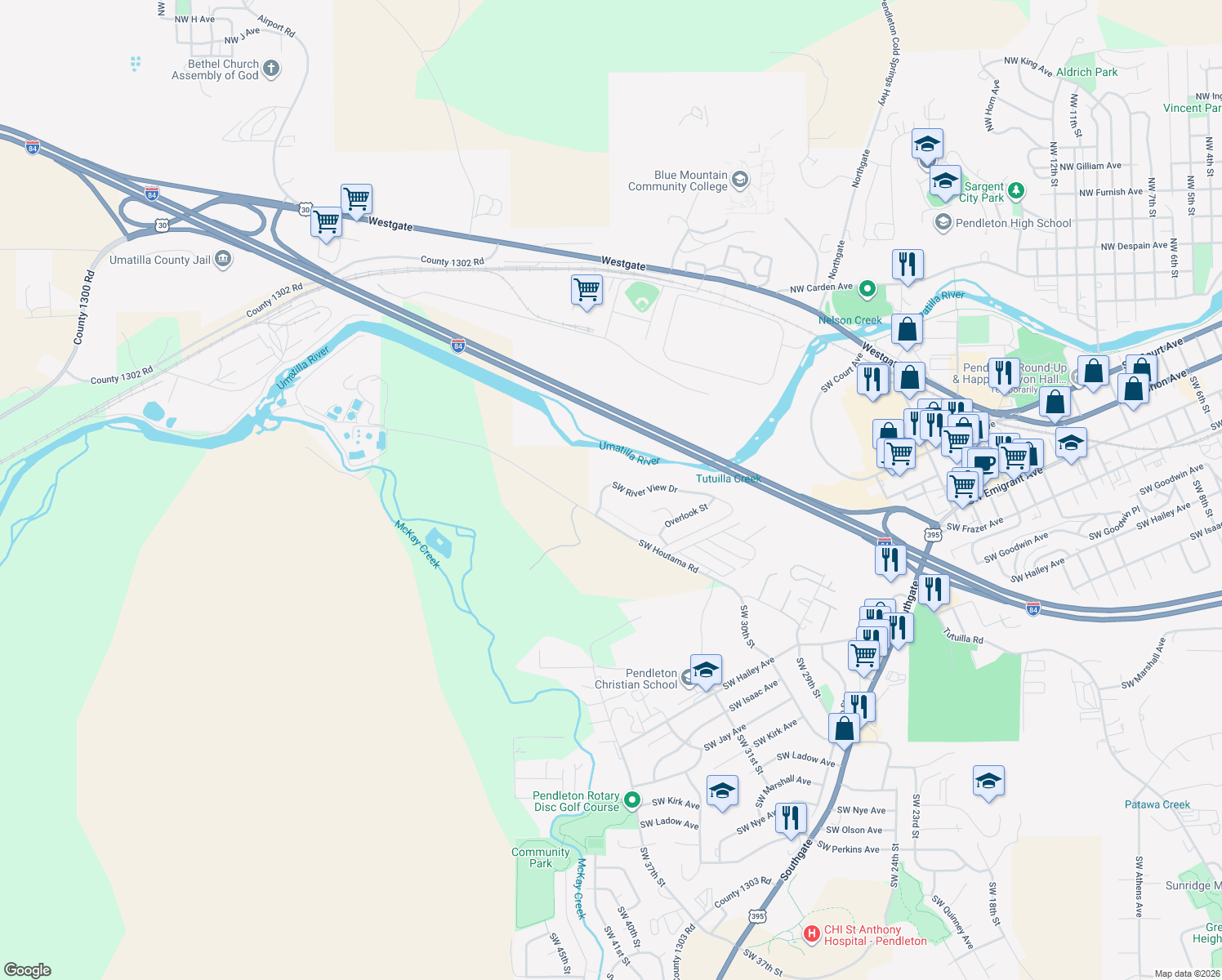 map of restaurants, bars, coffee shops, grocery stores, and more near 3112 Southwest River View Drive in Pendleton