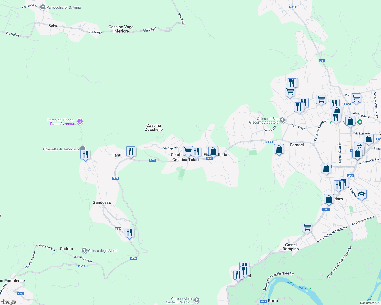 map of restaurants, bars, coffee shops, grocery stores, and more near 32 Via Celatica in Celatica-tolari