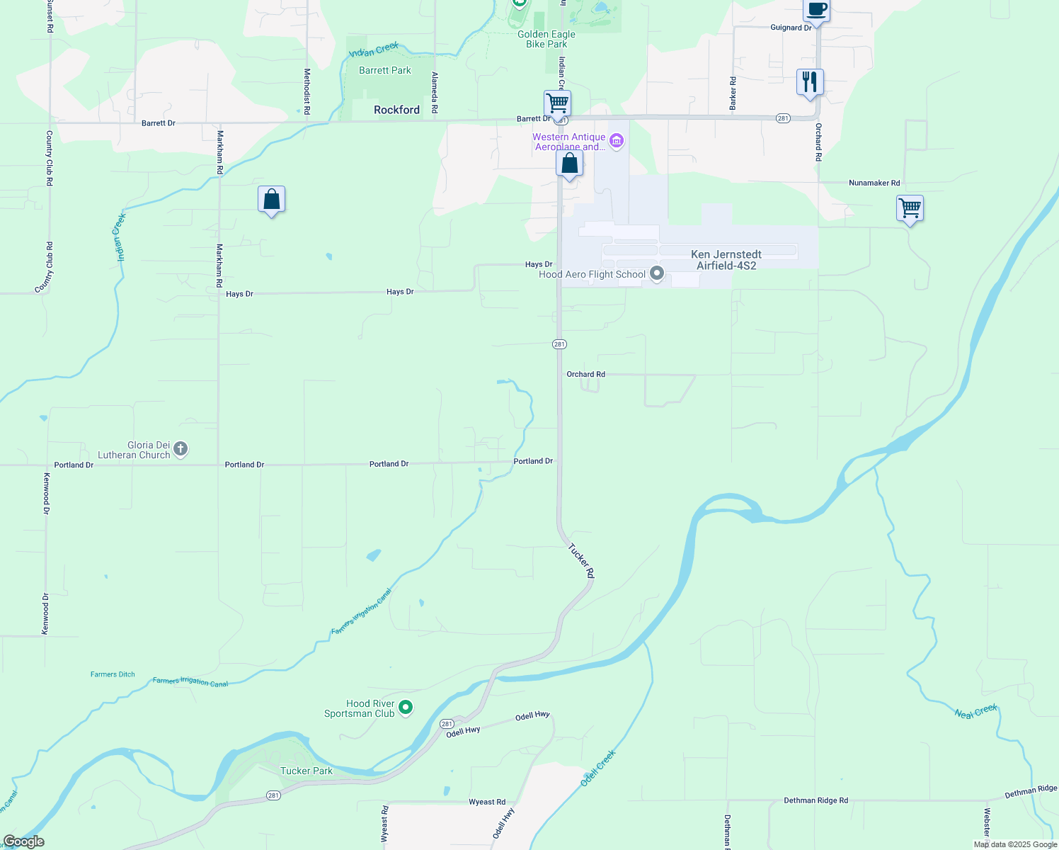 map of restaurants, bars, coffee shops, grocery stores, and more near 3770 Peters Drive in Hood River