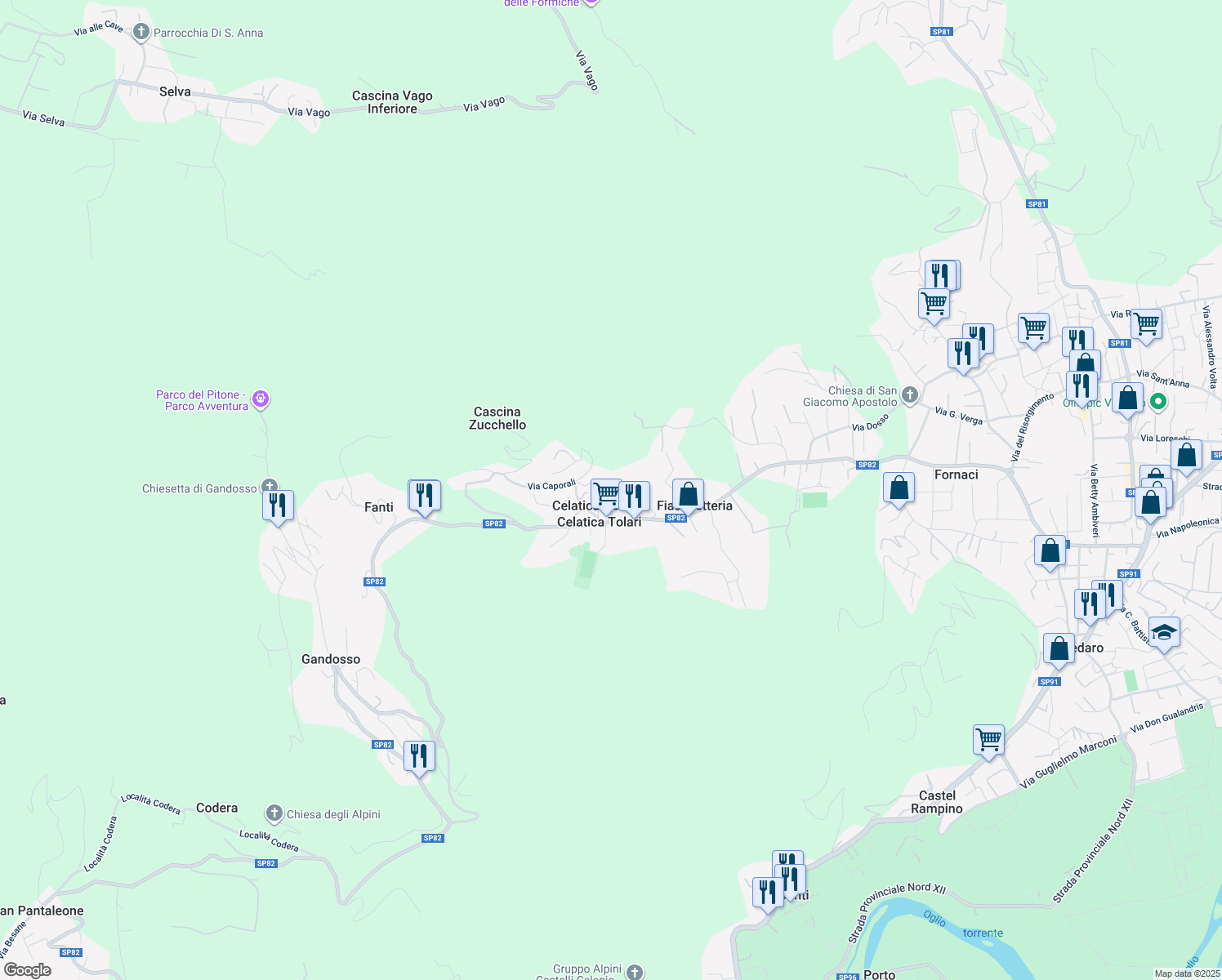 map of restaurants, bars, coffee shops, grocery stores, and more near 32 Via Celatica in Celatica-tolari