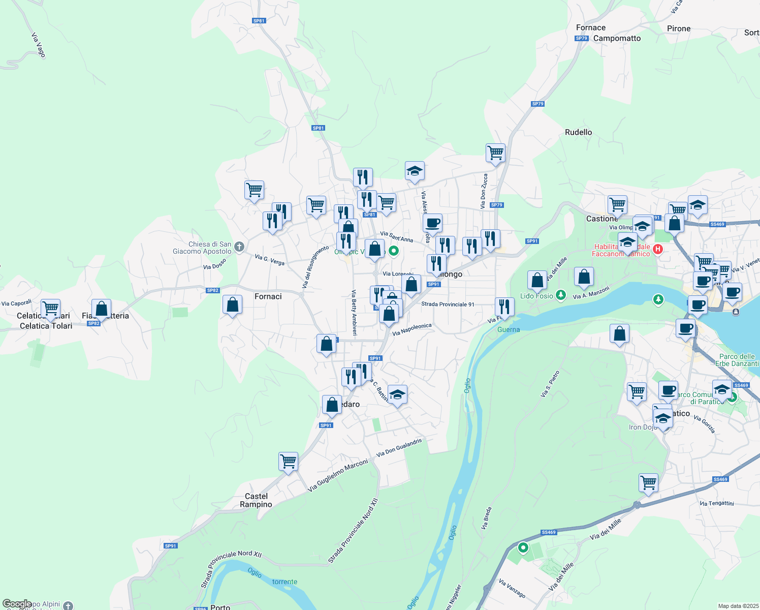 map of restaurants, bars, coffee shops, grocery stores, and more near 4 Via Bergamo in Villongo
