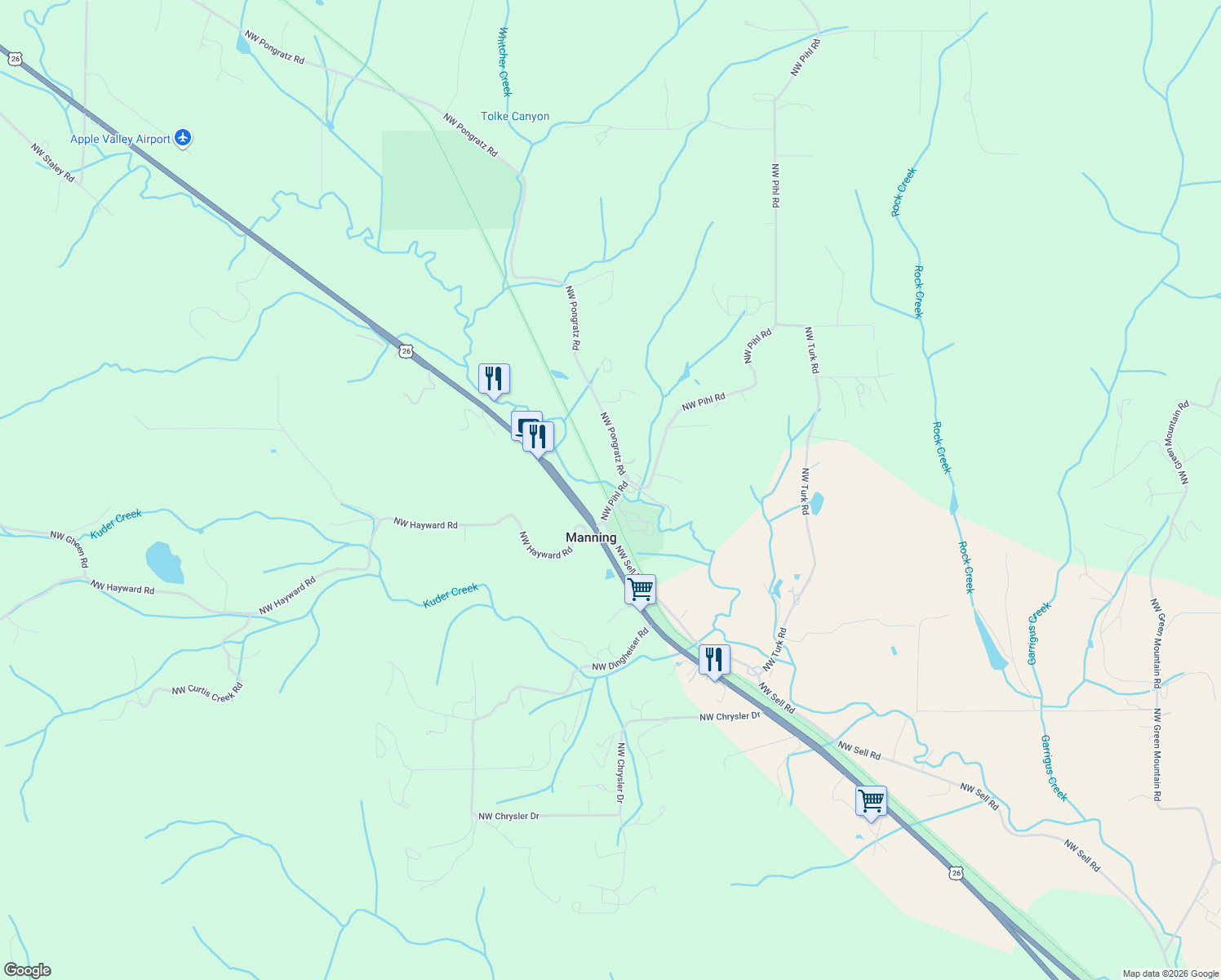 map of restaurants, bars, coffee shops, grocery stores, and more near 20151 Northwest Pihl Road in Banks