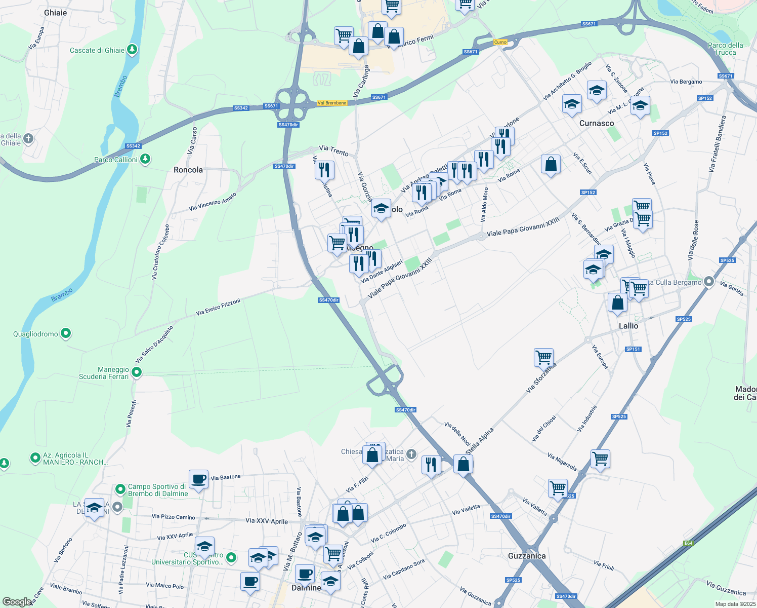 map of restaurants, bars, coffee shops, grocery stores, and more near in Bergamo